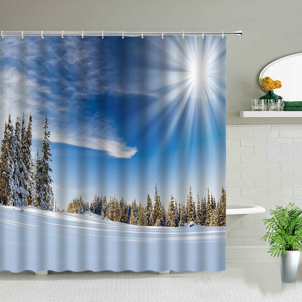 Winter Snow Scene Shower Curtains Trees Natural Scenery 3D Print