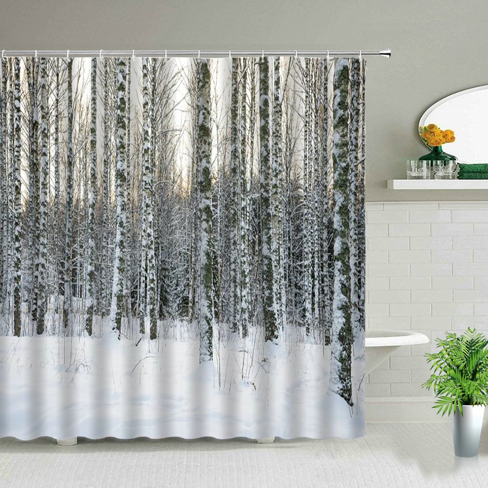 Winter Snow Scene Shower Curtains Trees Natural Scenery 3D Print