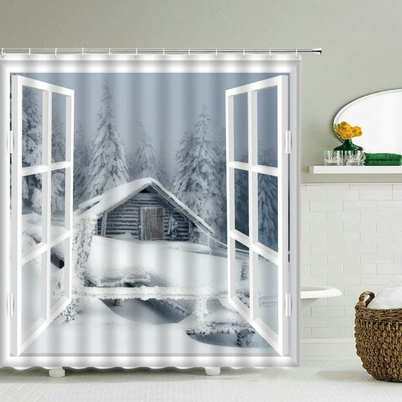 Winter Snow Scene Ski Print Shower Curtain Bathroom Decoration Waterproof Polyester Cloth Fir Forest Shower Curtain Set Mat