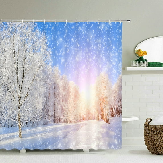 Winter Snow Scene Ski Print Shower Curtain Bathroom Decoration Waterproof Polyester Cloth Fir Forest Shower Curtain Set Mat