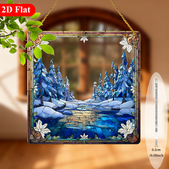 Winter Snow Scene Suncatcher Hanging Decoration - 8-Inch Square Window Ornament with Snowy Landscape, Pine Trees Sunburst - Lightweight Acrylic Christmas Decor for Home, Office