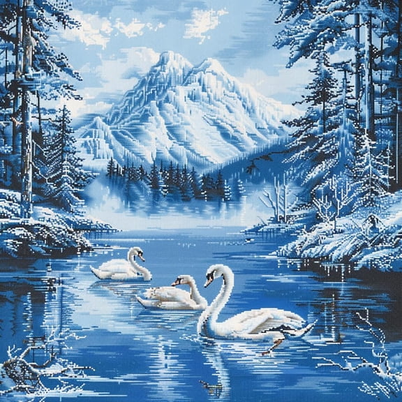 Winter Snow Scene Swans Swimming DIY 11CT Stamped Cross Stitch Kits for Beginners Easy Needlepoint Embroidery Counted Cross Stitch Art Craft for Wall Decoration 14x14inch(10)