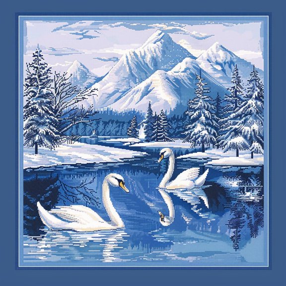 Winter Snow Scene Swans Swimming DIY 11CT Stamped Cross Stitch Kits for Beginners Easy Needlepoint Embroidery Counted Cross Stitch Art Craft for Wall Decoration 14x14inch(12)