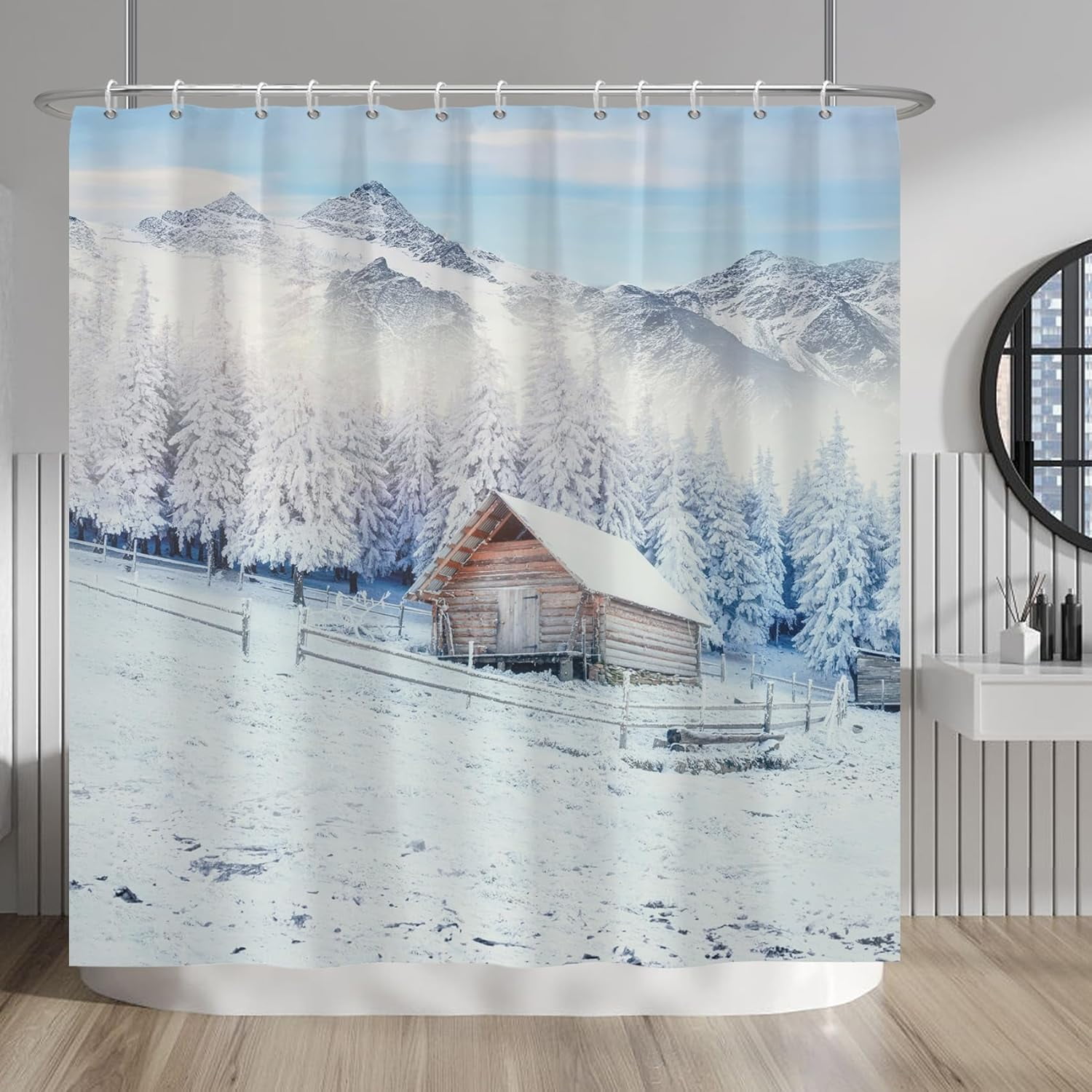 Winter Snow Scenery Shower Curtains White Snow Mountains Rustic ...