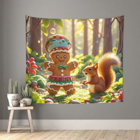 Winter Snow Scenery Tapestry Gingerbread Man Mini Christmas Ornaments Christmas Wall Art Wall Hanging Tapestry For Bedroom Living Room Dorm Decorations Squirrel Wall Art Decor 60x50 Inch