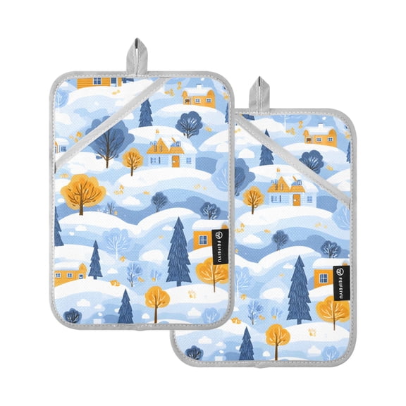 Winter Snow Scenery Village Pot Holder Set 2 Piece Non-Slip Oven Hot Pads Heat Resistant Durable 7x9.8in