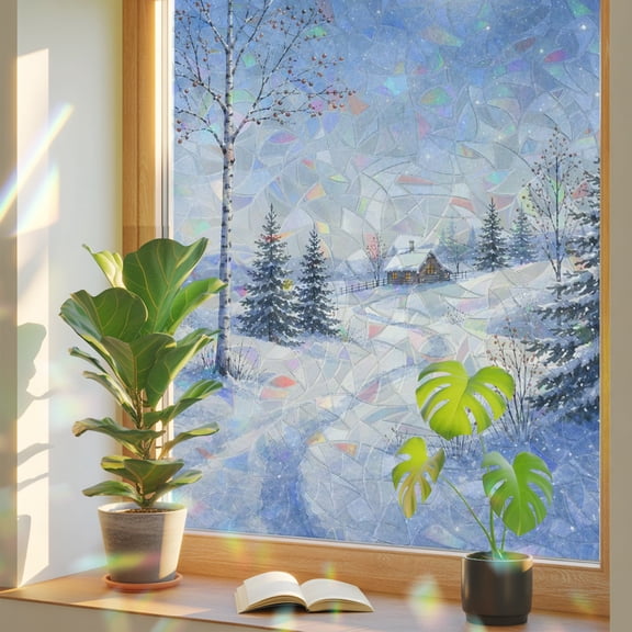 Winter Snow Scenery Window Privacy Film, Christmas Birch Tree Full Moon Farmhouse Static Cling Stained Glass Window Sticker Decorative Removable Rainbow Film for Glass 17.7”x39.3”