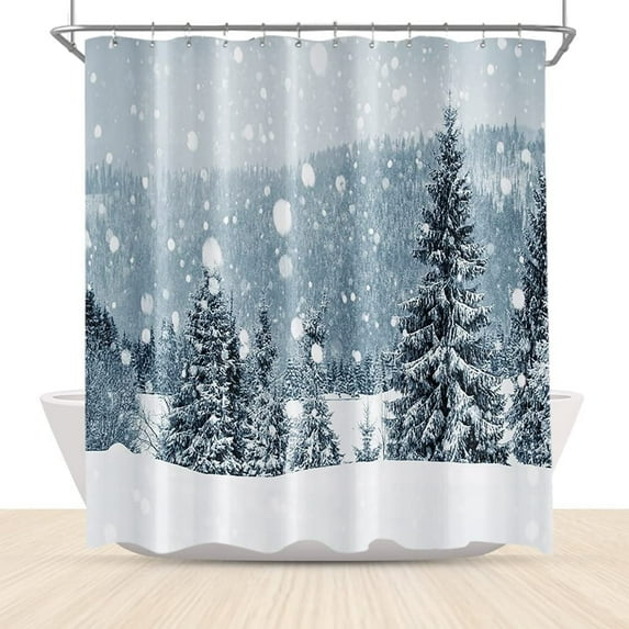 Winter Snow Shower Curtains White Snowflake Covered Pine Forest Scenery Bathroom Curtain Christmas Bathroom Decor Polyester Fabric Waterproof 72x72 Inch