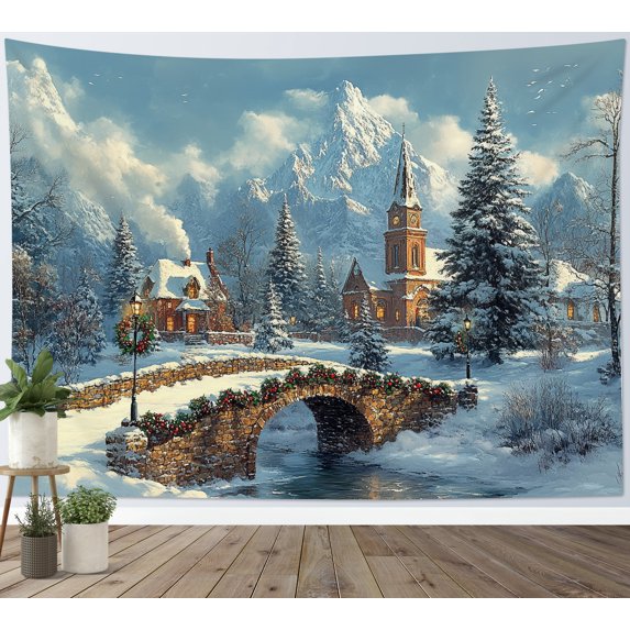 Winter Snow Tapestry Wall Hanging White Snow Covered Pine Tree and Mountain Wall Tapestry for Bedroom Aesthetic Rustic Cabin Xmas Wreath Tapestry for Living Room College Dorm Decor,80x60 inch