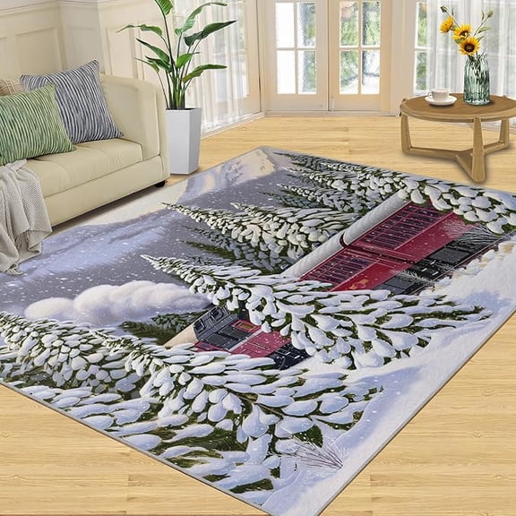 Winter Snow Train Area Rug, Christmas Train Rugs for Living Room, Snowy Forest Train Bedroom Rug, Indoor Non-Slip Print Rug for Home Décor Mat 2 x 3ft