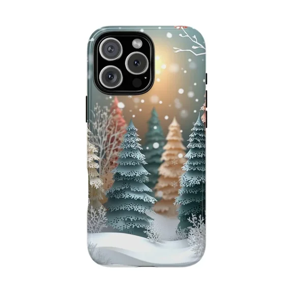 Winter Snow Trees Holiday Paper Art Gift Protective Case for iPhone 11 12 13 14 15 16 17 Pro Max