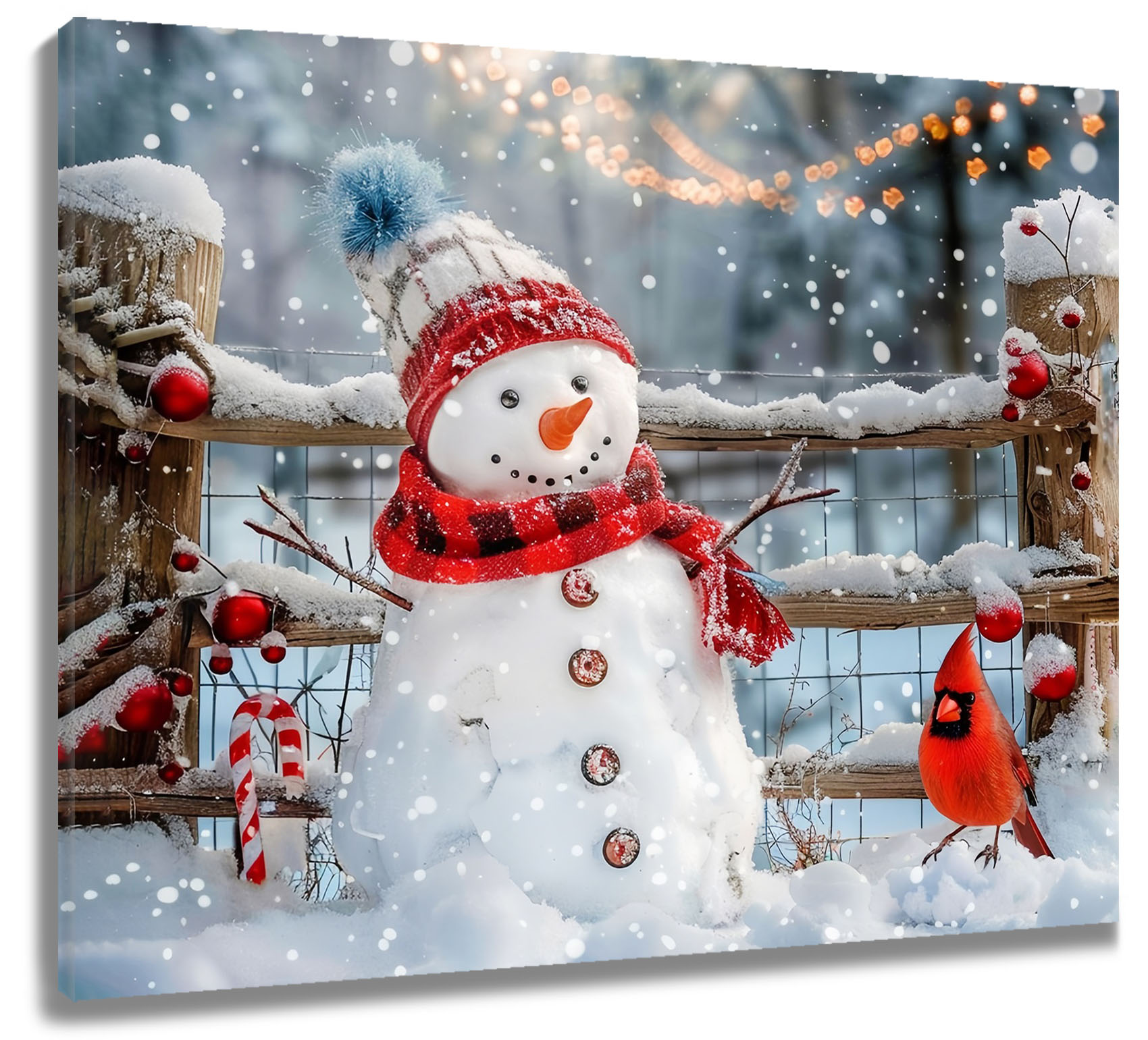 Winter Snow Wall Art, Red Christmas Snowman And Cardinal On Wood Canvas 