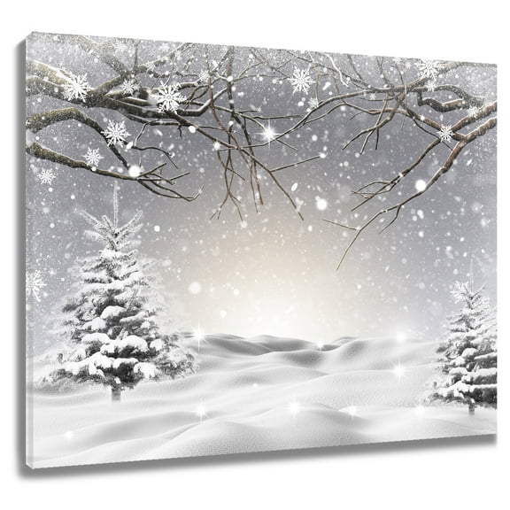 Winter Snow Wall Art, White Snowflake and Pine Tree Canvas Wall Art, Snowy Forest Nature Landscape Framed Wall Art for Living Room Bathroom Bedroom Kitchen Ready to Hang, 16X12 Inches