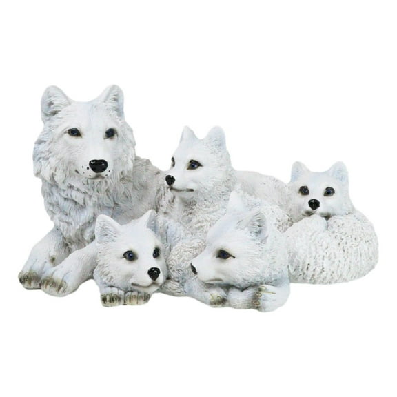 Winter Snow White Albino Wolf Mother at Repose with 4 Cubs Family Figurine