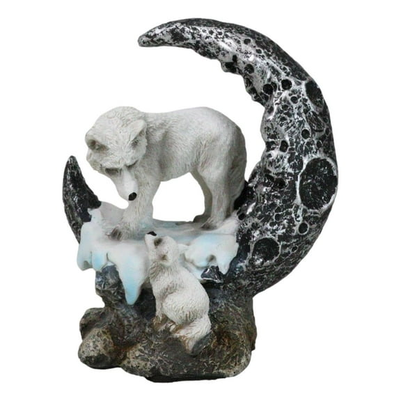 Winter Snow White Wolf Mother With Pup By Snowy Crater Crescent Moon Figurine
