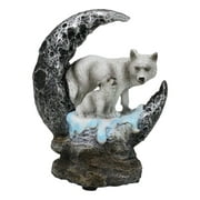Winter Snow White Wolf With Pup Cub By Snowy Crater Crescent Moon Figurine