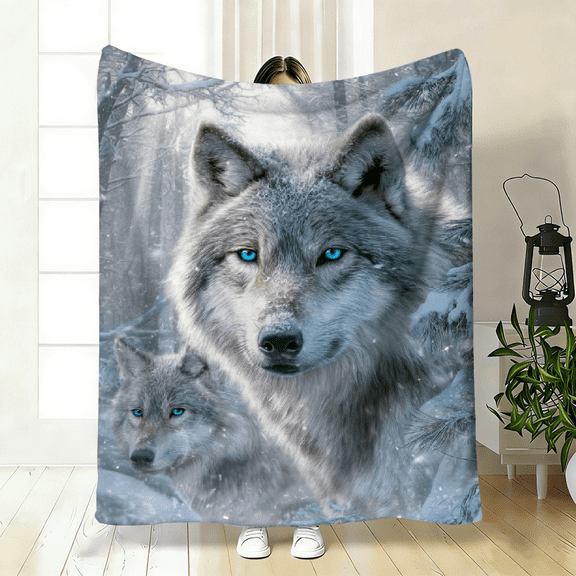 Winter Snow Wolf-Themed Polyester Flannel Blanket – Soft, Warm Throw for Bed, Sofa, Travel, Camping – 3 Sizes