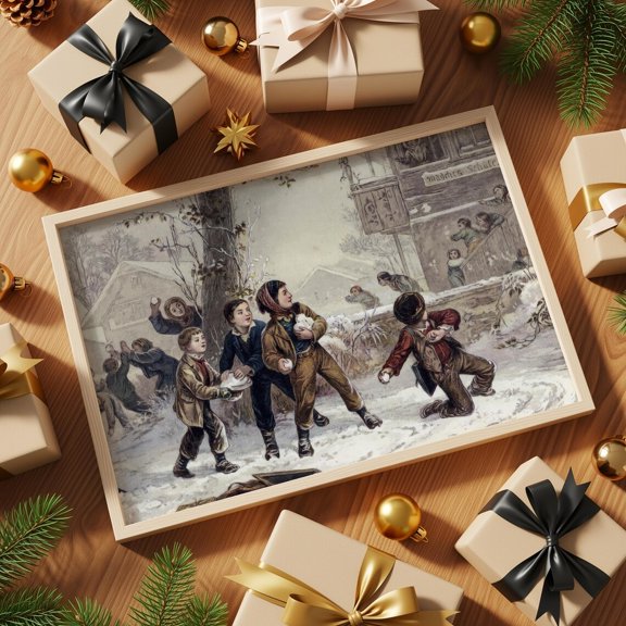 Winter Snowball Fight Poster Wall Art, Antique Victorian Illustration For Whimsical Decor UNFRAMED Poster, 24x36