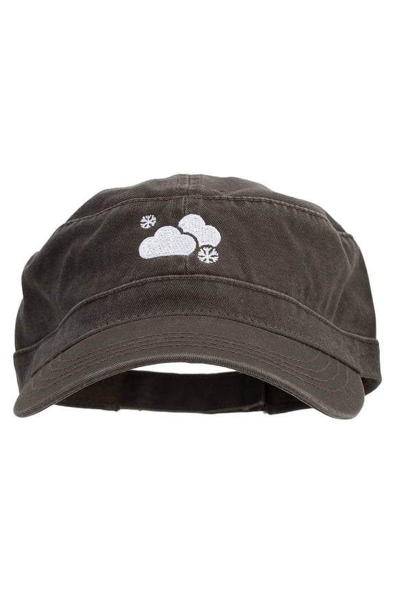Winter Snowfall Embroidered Garment Washed Adjustable Army Cap - Dk Olive Green OSFM