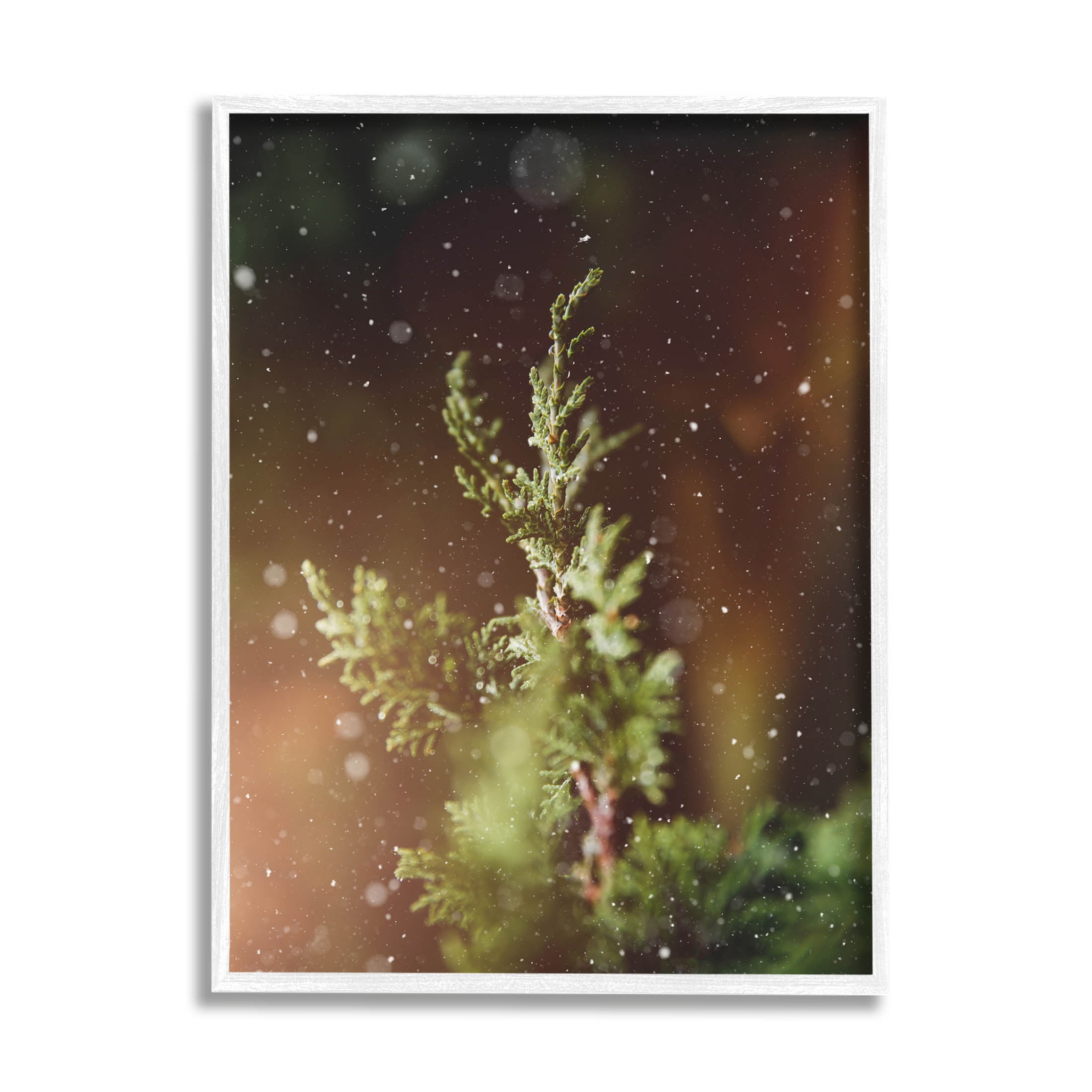 Winter Snowfall Night Pine Tree Holiday Photograph White Framed Art Print Wall Art