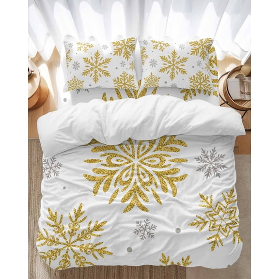 Winter Snowflake Bedding Duvet Cover Set Twin Size 4 Pieces Christmas Yellow Sequins Texture Abstract Bedding Set with Zipper Closure, 1 Comforter Cover 68x86 Inches 1 Flat Sheet & 2 Pillow Cases