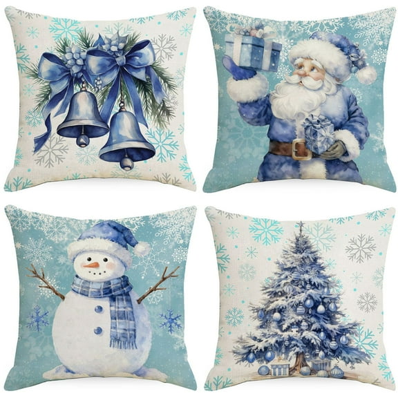 Winter Snowflake Bell Pillowcase 18x18 Inch Blue Christmas Throw Pillowcase Set of 2 Christmas Winter Holiday Pillowcase Cotton Linen Cushion Cover for Sofa Home Decor