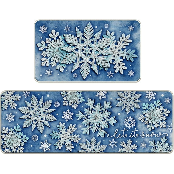 Winter Snowflake Blue Kitchen Rugs Set of 2, Let It Snow Kitchen Mats Decor, Seasonal Floor Door Mat Home Decorations - 17x30 and 17x47 Inch