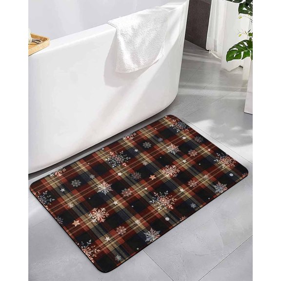 Winter Snowflake Buffalo Plaid Bathroom Rug Diatomaceous Earth Bath Mat,Absorbent Shower Mat Non-Slip Doormat for Kitchen Bedroom, Christmas Geometric Pattern Diatomite Stone Mats 16x24in