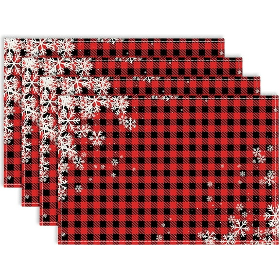 Winter Snowflake Buffalo Plaid Christmas Placemats Set of 4, 12x18 Rustic Table Mat Decor, Seasonal Winter Table Decors for Christmas Dining Kitchen Holiday Party. (040)