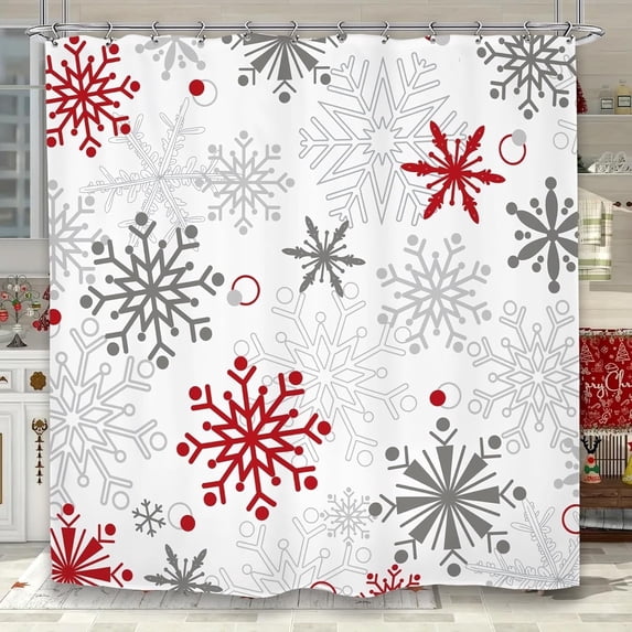 Winter Snowflake Christmas Bathroom Shower Curtain 71W by 71H Inch Snow Xmas Red Gray Holiday New Year Polyester Fabric 12 Plastic Hooks Waterproof Decor