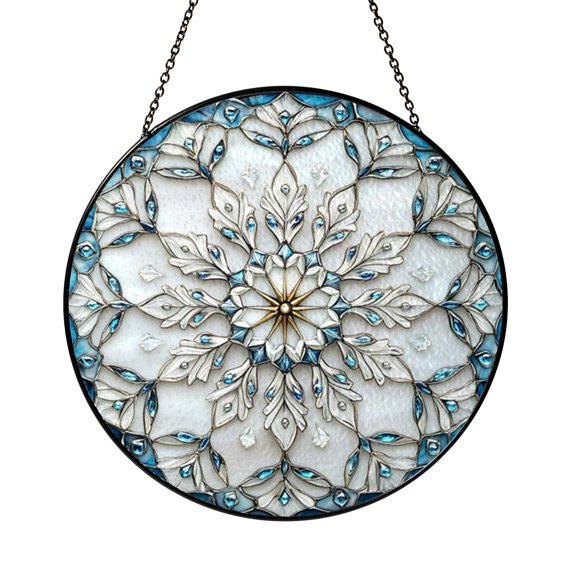 Winter Snowflake Crystal Pattern Stained Glass Style Window Hanging Suncatcher, Seasonal Holiday Decor Gift