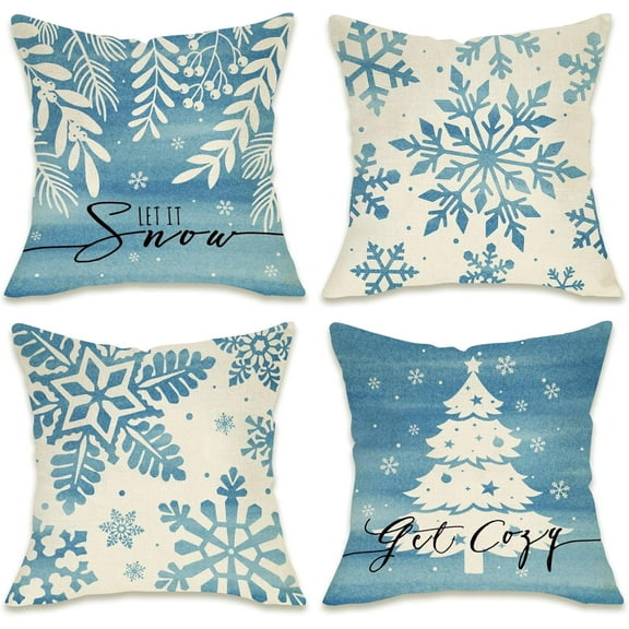 Winter Snowflake Decorative Throw Pillow Covers 16 x 16 Set of 4, Let It Snow Blue Christmas Tree Leaves Outdoor Pillowcase, Get Cozy Seasonal Holiday Farmhouse Cushion Case Home Decor