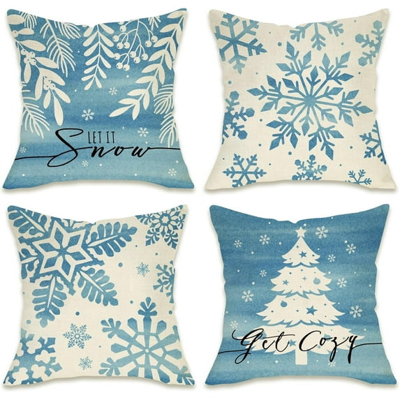 Winter Snowflake Decorative Throw Pillow Covers 16 x 16 Set of 4, Let It Snow Blue Christmas Tree Leaves Outdoor Pillowcase, Get Cozy Seasonal Holiday Farmhouse Cushion Case Home Decor