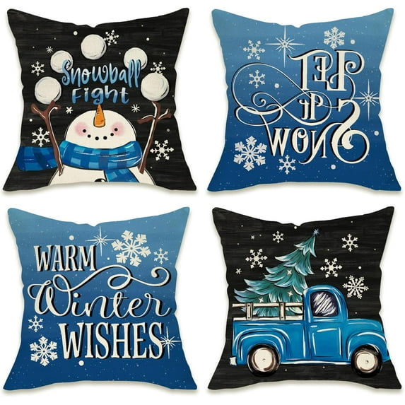 Winter Snowflake Decorative Throw Pillow Covers 18x18 Set of 4, Let It Snow Christmas Pine Tree Black Outdoor Pillowcase, Get Cozy Seasonal Holiday Farmhouse Cushion Case Home Decor