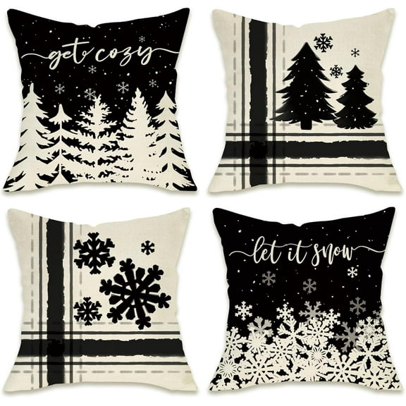 Winter Snowflake Decorative Throw Pillow Covers 18x18 Set of 4, Let It Snow Christmas Pine Tree Black Outdoor Pillowcase, Get Cozy Seasonal Holiday Farmhouse Cushion Case Home Decor