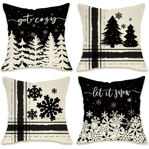 Winter Snowflake Decorative Throw Pillow Covers 18x18 Set of 4, Let It Snow Christmas Pine Tree Black Outdoor Pillowcase, Get Cozy Seasonal Holiday Farmhouse Cushion Case Home Decor