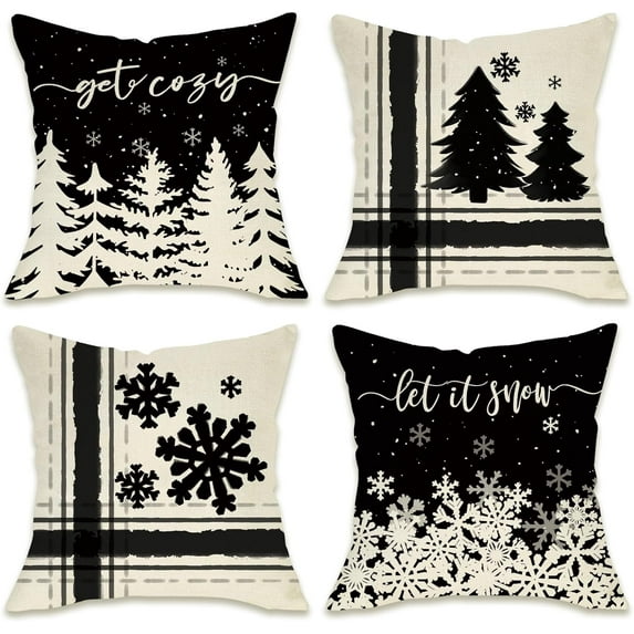Winter Snowflake Decorative Throw Pillow Covers 20x20 Set of 4, Let It Snow Christmas Pine Tree Black Outdoor Pillowcase, Get Cozy Seasonal Holiday Farmhouse Cushion Case Home Decor