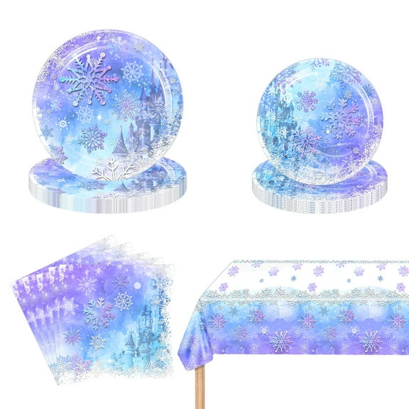 MSJEHQI Winter Snowflake Party Supply Set with Tablecloth, Plates, and Napkins