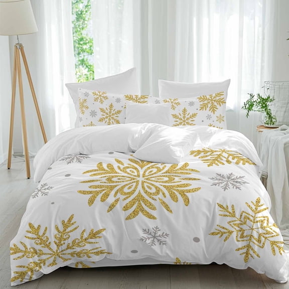 Winter Snowflake Duvet Cover Set Twin Size, Christmas Yellow Sequins Texture Abstract 4 Piece Soft Microfiber Bedding Set with Zipper Closure, 1 Comforter Cover, 1 Flat Sheet, 2 Pillowcases