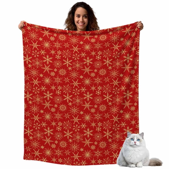 Winter Snowflake Fleece Throw Blanket Lightweight Christmas Red Background Modern Fuzzy Flannel Throws Super Soft Cozy Flannel Blanket for Couch, Sofa, Bed, Travel 60"x80"