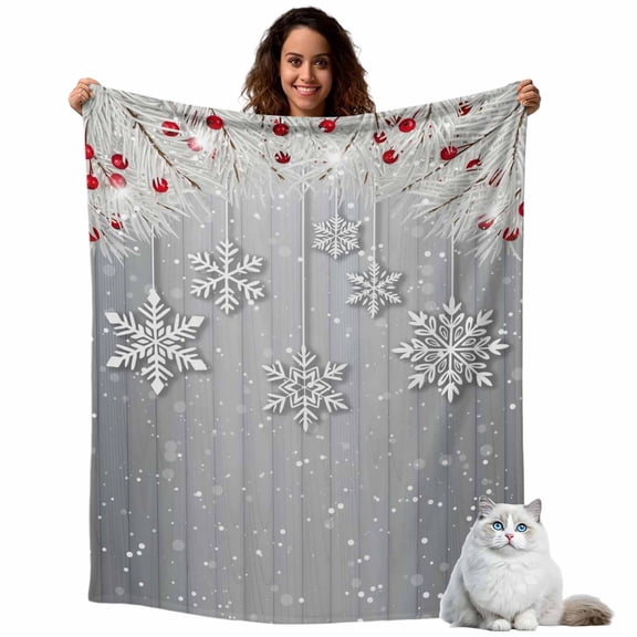 Winter Snowflake Fleece Throw Blanket Lightweight Christmas White Pine Branch Gray Wood Grain Fuzzy Flannel Throws Super Soft Cozy Flannel Blanket for Couch, Sofa, Bed, Travel 50"x80"