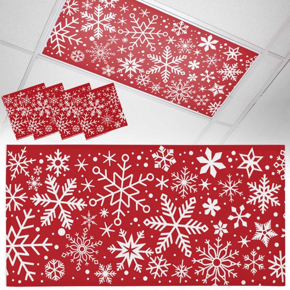 Winter Snowflake Fluorescent Light Covers Christmas Retro Red Background Magnetic Light Filters Ceiling Lighting Panel Shade for Classroom Office Home 2 x 4 ft, 4 Pack