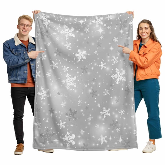 Winter Snowflake on Gray Throw Blanket Flannel Fleece Throws, Christmas Theme Lightweight Super Soft Warm Blankets for Couch Sofa Bed All Season Use, 50x60 in