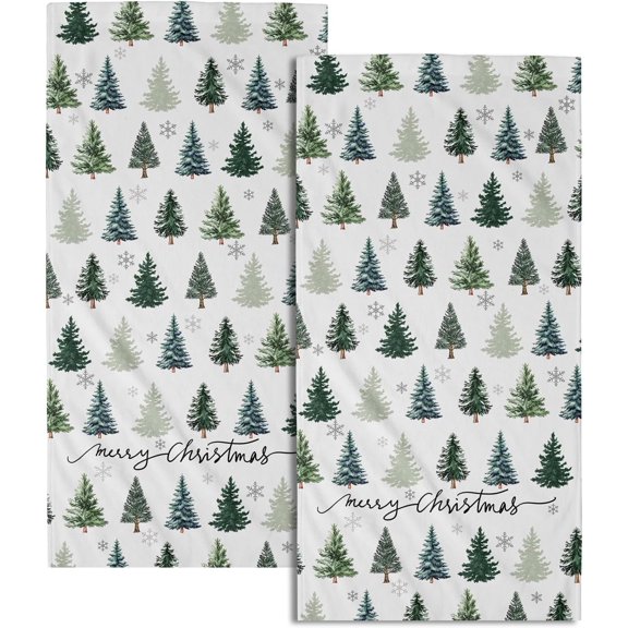 Winter Snowflake Green Tree Hand Towel Set of 2 Soft Absorbent Green and White Merry Christma Tree Tea Towels Baking Cooking Wash Cloth for any location 14.4*28 Inch