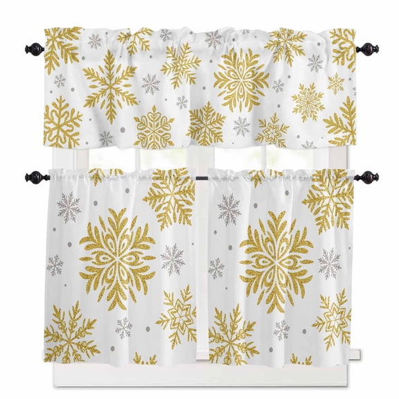 Winter Snowflake Kitchen Curtains and Valances Set, Christmas Yellow Sequins Texture Abstract Rod Pocket Window Valance Window Curtain Panels for Living Room Bedroom Laundry, 27.5x24in, 3 Pieces