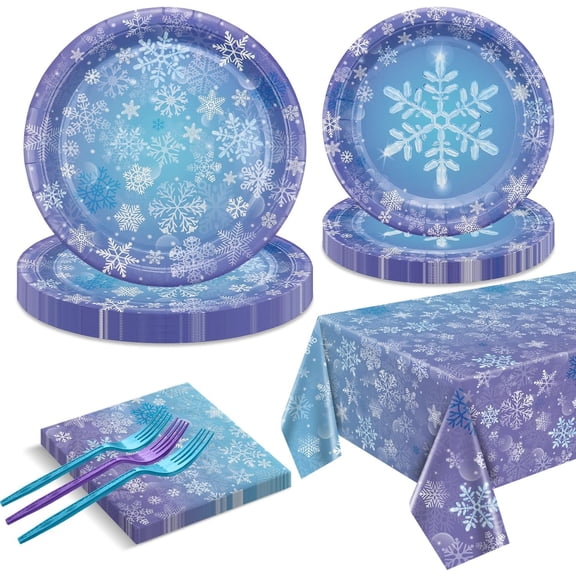 Winter Snowflake Party Supplies for 20 Guests, Disposable Tableware Set Includes Paper Plates, Napkins, Forks, Tablecloth for Girls Princess Party Christmas Winter Holiday Party Decorations