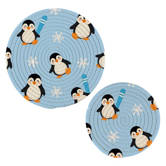 Winter Snowflake Penguin Pattern Cotton Trivets Potholders Set of 2 Handmade Heat Resistant Non Slip Absorbent