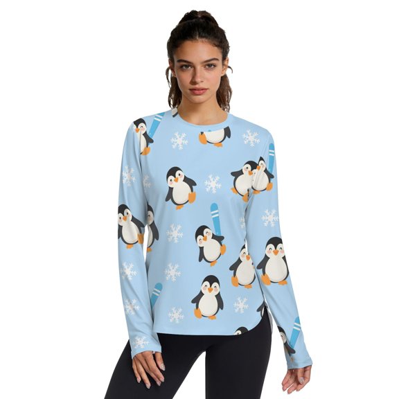 Winter Snowflake Penguin Pattern Women's Activewear UPF 50+ Sun Protection Shirt Cooling Quick Dry Thumb Hole Top