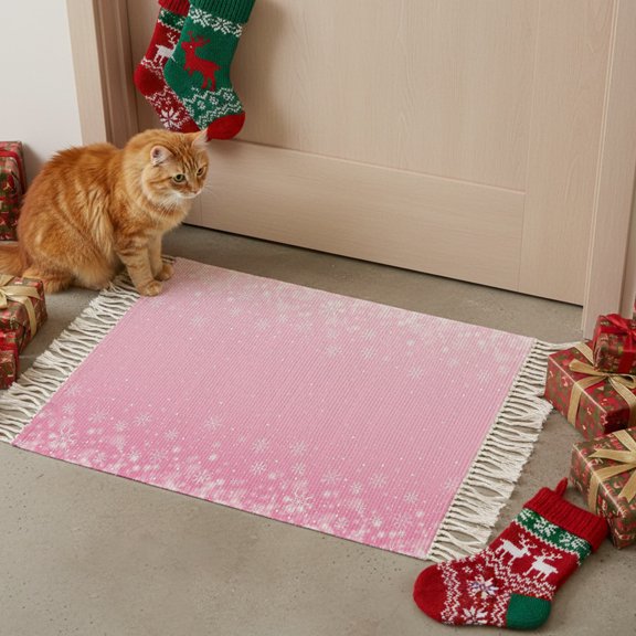 Winter Snowflake on Pink Boho Hallway Runner Rug 2x3ft, Kitchen Runner Rug Tassel Rugs, Christmas Floating Snowflakes Area Rugs Floor Carpet for Living Room Bedroom Entryway