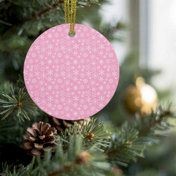 Winter Snowflake on Pink Christmas Ceramic Ornament 2026,3" Round Xmas Tree Hanging Accessories with Ribbon,Seamless Snowflakes Christmas Theme Pendant Ornaments for Holiday Gift Home Party Decor
